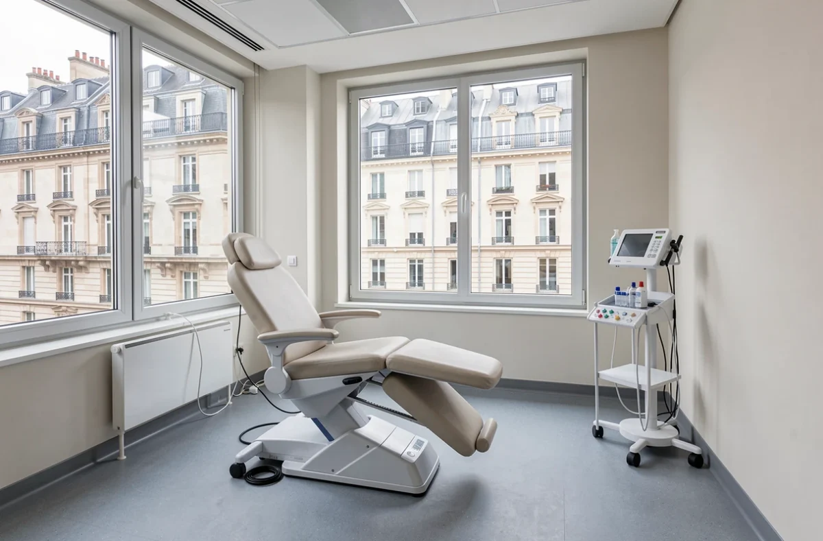 Salle de consultation d'un cabinet médical parisien avec fauteuil et matériel stérile