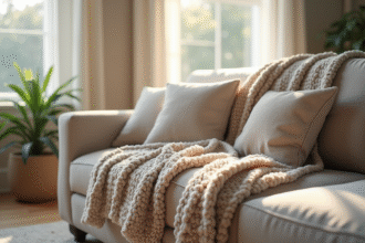 Salon cosy avec un plaid en laine chenille sur un canapé neutre