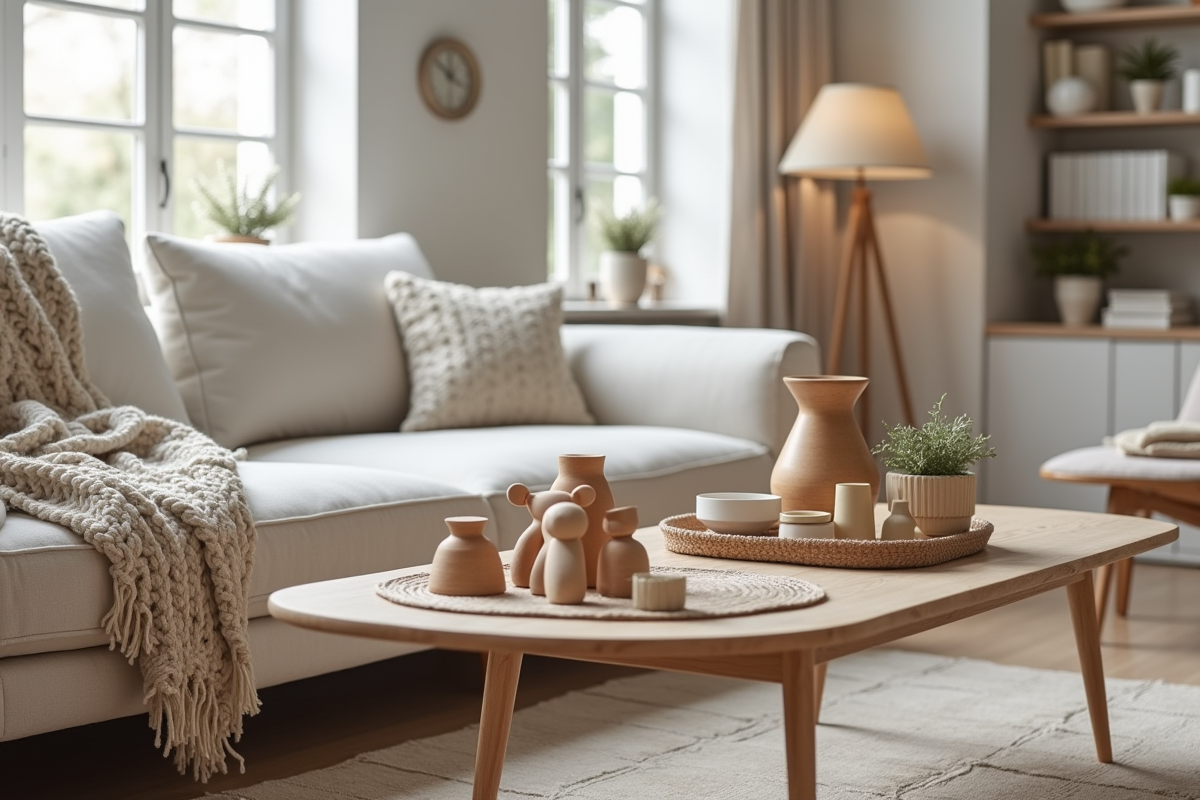 Salon scandinave decoré pour offrir des cadeaux