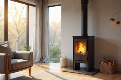Salon moderne avec poêle à bois et lumière naturelle