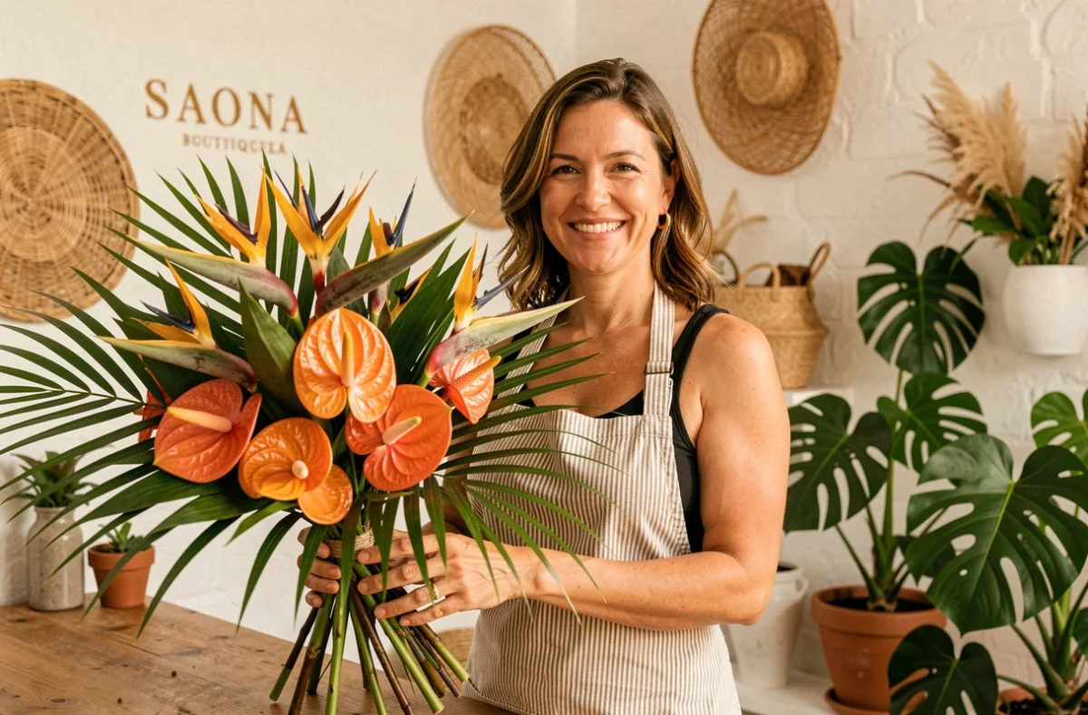 Fleuriste Saona présentant un bouquet tropical avec des oiseaux du paradis et anthuriums