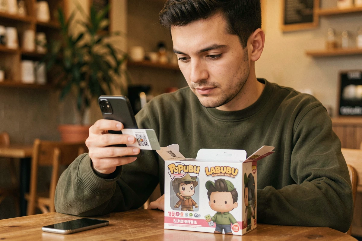 Homme scannant le QR code d'une carte d'authenticité Pop Mart pour vérifier si sa figurine Labubu est un vrai original