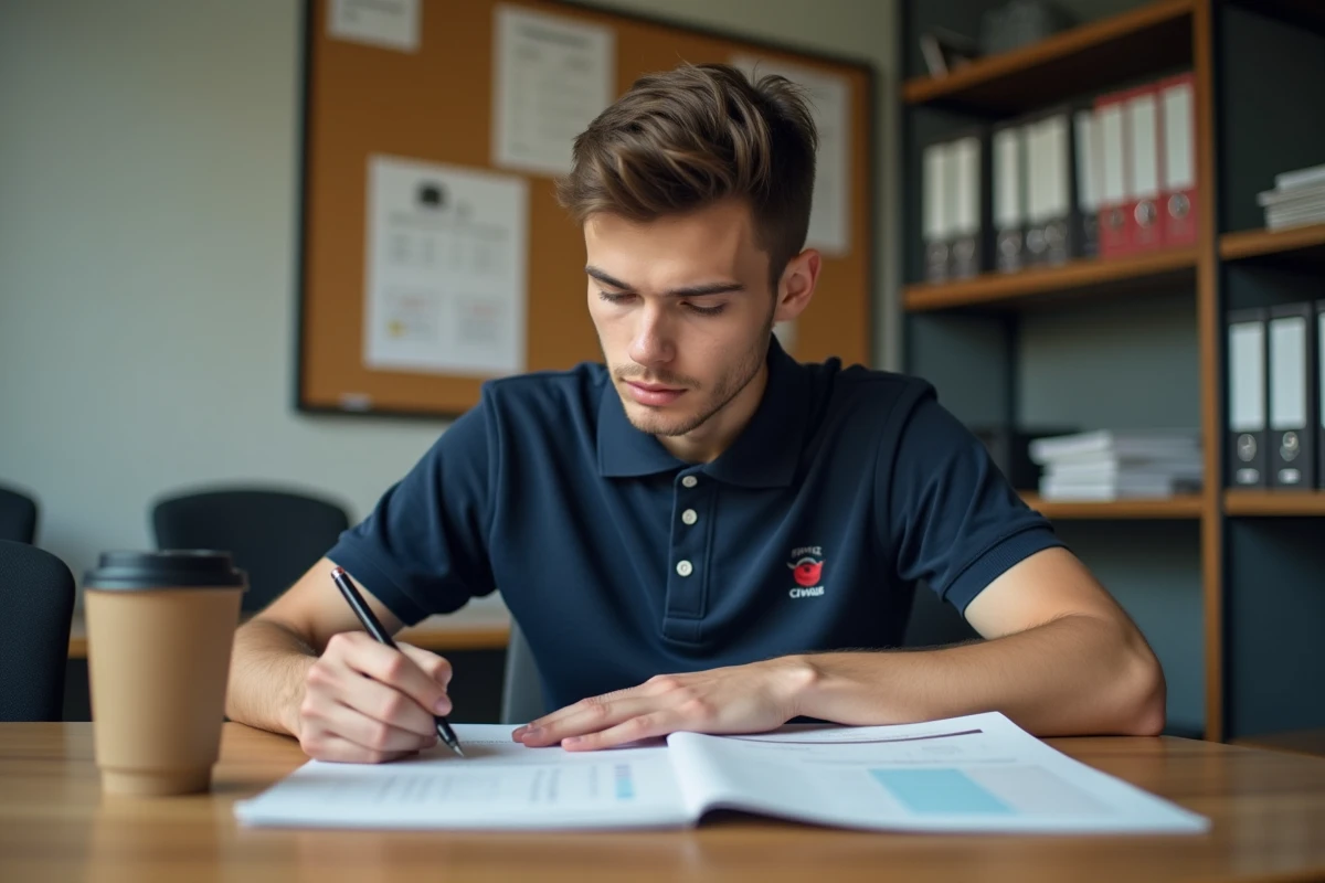 Jeune homme en Service Civique consultant des documents administratifs sur sa rémunération à son bureau