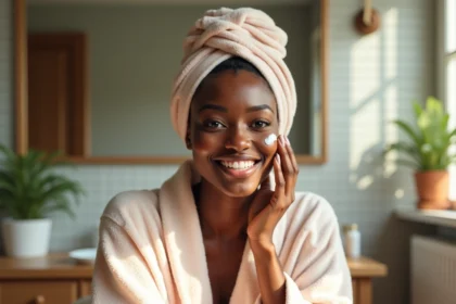 Jeune femme noire appliquant une creme visage naturelle