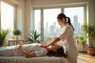 Studio de bien-être moderne avec acupressure et vue urbaine