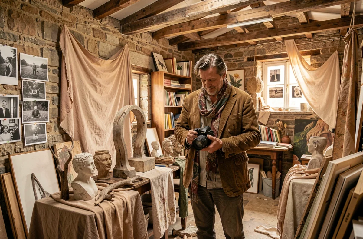 Photographe créateur artistique arrangeant un décor élaboré dans son atelier en pierre dans le Gard