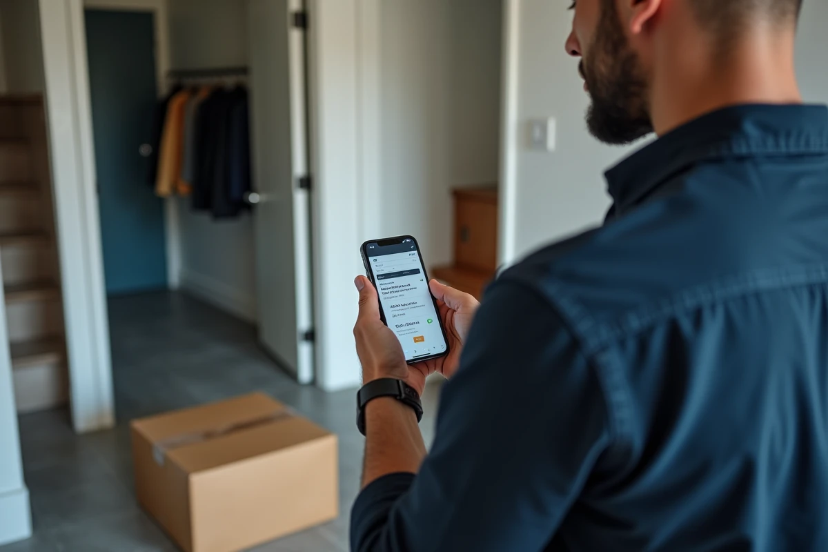 Homme vérifiant le suivi de colis Amazon sur smartphone avec un colis livré posé devant la porte d'entrée