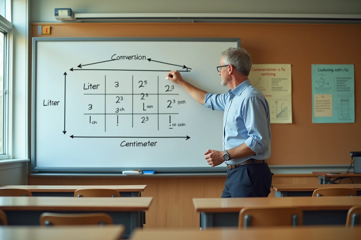 Professeur de mathématiques présentant un tableau de conversion litres et cm3 au tableau blanc en classe