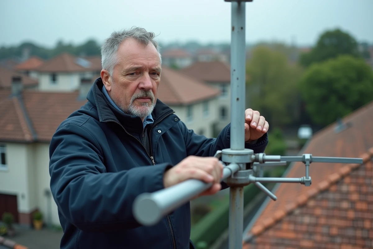 Technicien réglant une antenne TNT Yagi sur un toit pour améliorer la réception du signal