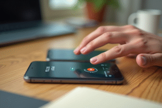 Smartphone moderne sur bureau lumineux avec appel inconnu