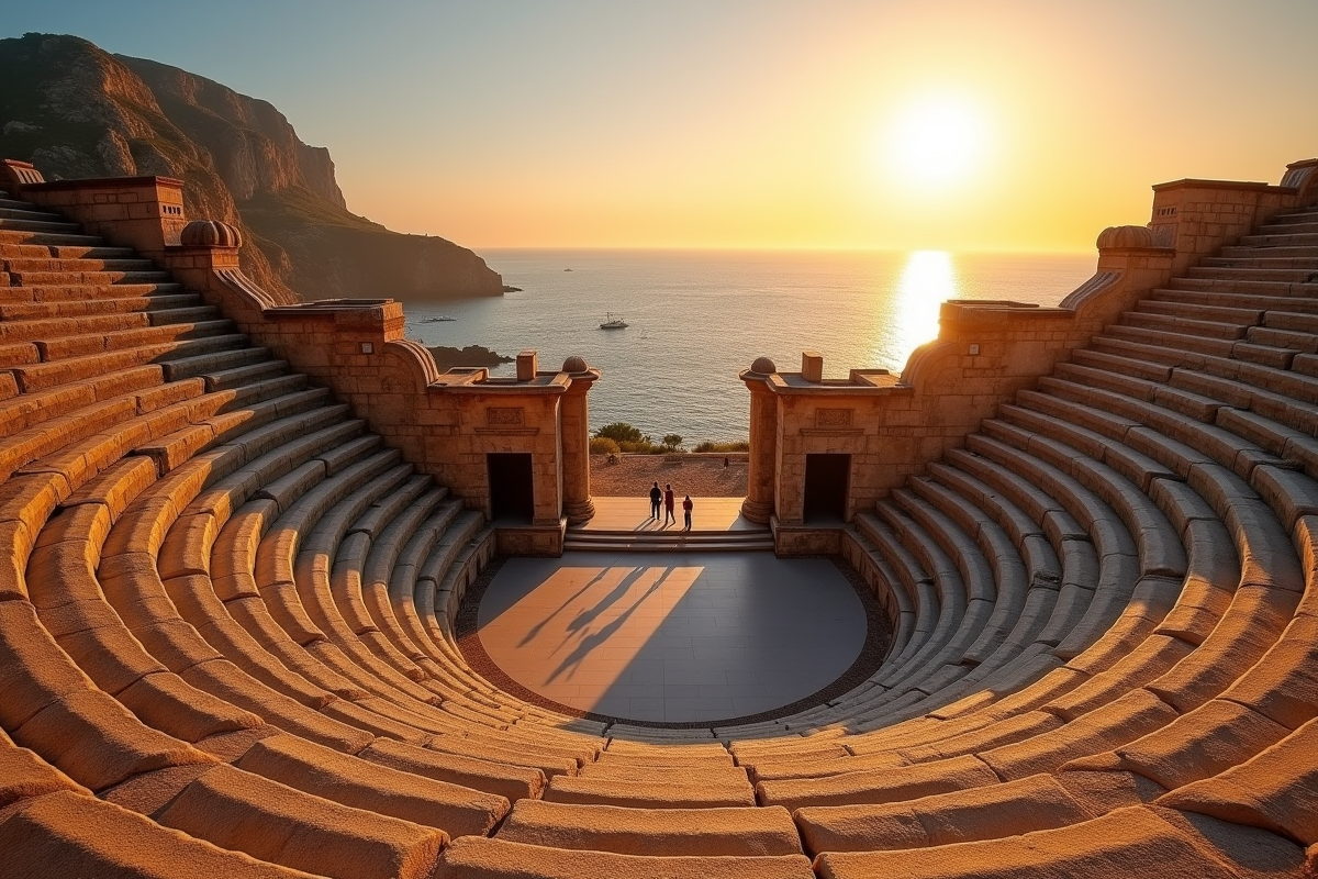 Ancien théâtre romain de Cadix au coucher du soleil avec vue sur la mer