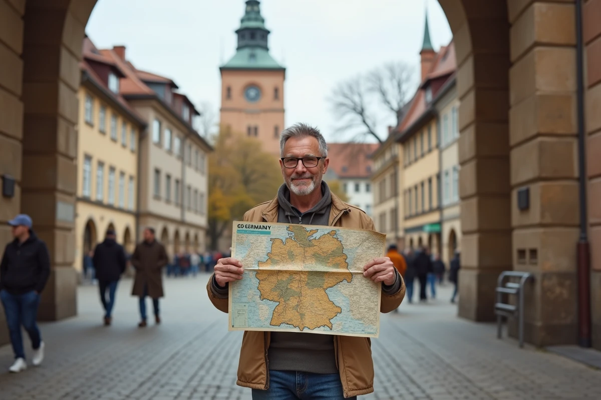 Touriste consultant une carte papier des Länder allemands devant une porte historique en Allemagne