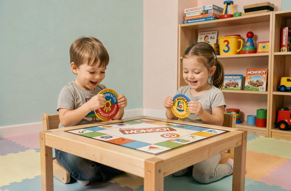 Deux tout-petits jouant au Monopoly Junior avec des pions colorés sur une table basse dans une salle de jeux