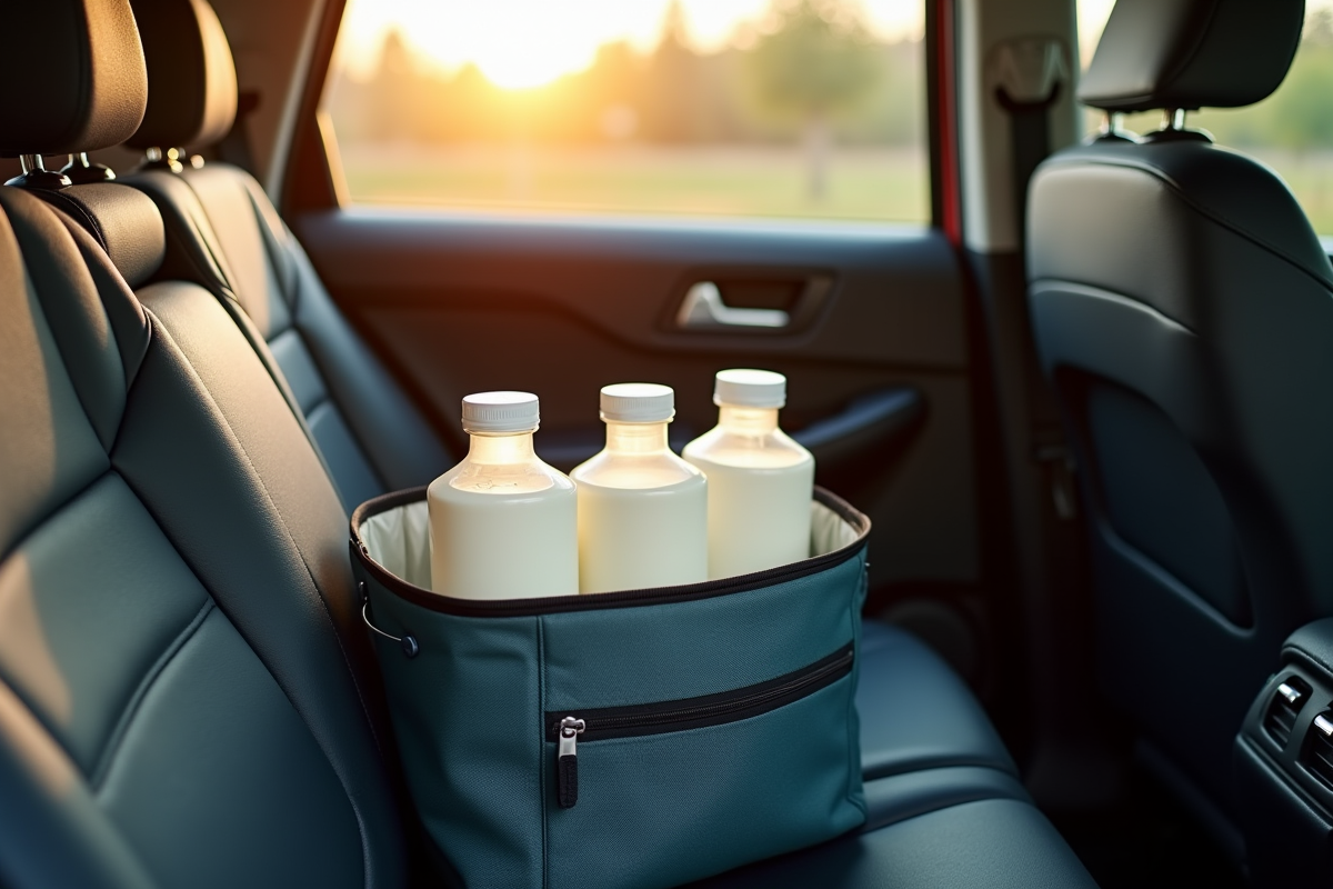 Sac isotherme avec lait maternel dans une voiture en voyage