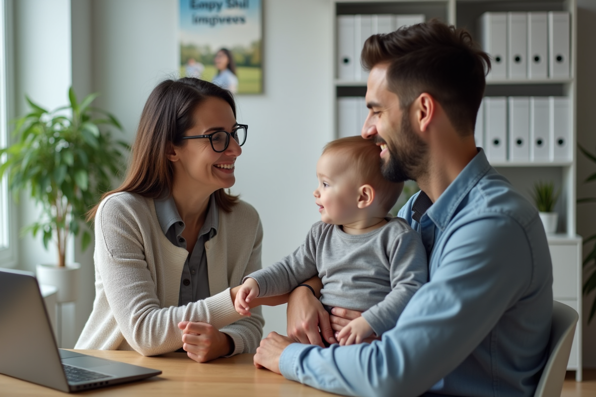 Travailleuse sociale parlant avec un père et son enfant dans un bureau