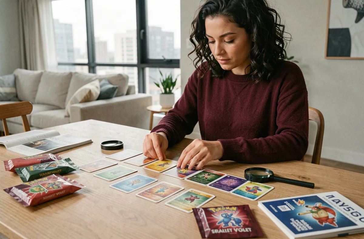 Femme triant des cartes Pokémon Aventure Ensemble sur une table, recherchant les cartes rares