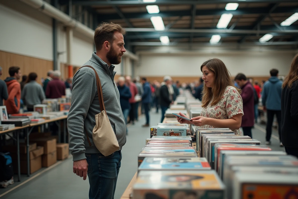 Intérieur animé d'un marché troc et puces dans une salle communale du Morbihan en 2026