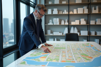 Urbaniste en réunion avec carte de zonage en ville