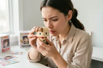 Jeune femme examinant attentivement la base d'une figurine Labubu Pop Mart pour vérifier son authenticité grâce aux codes de production