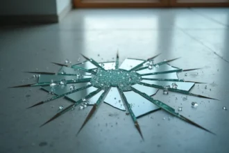 Verre blanc cassé en éclats sur un sol en béton, vu de dessus avec un motif radial cristallin