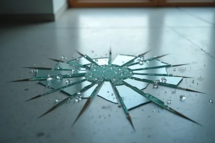 Verre blanc cassé en éclats sur un sol en béton, vu de dessus avec un motif radial cristallin