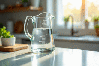Verre mesureur d'eau sur plan de travail lumineux