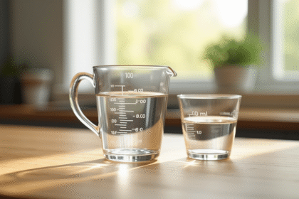 Verre mesure d'eau sur plan de cuisine en bois naturel