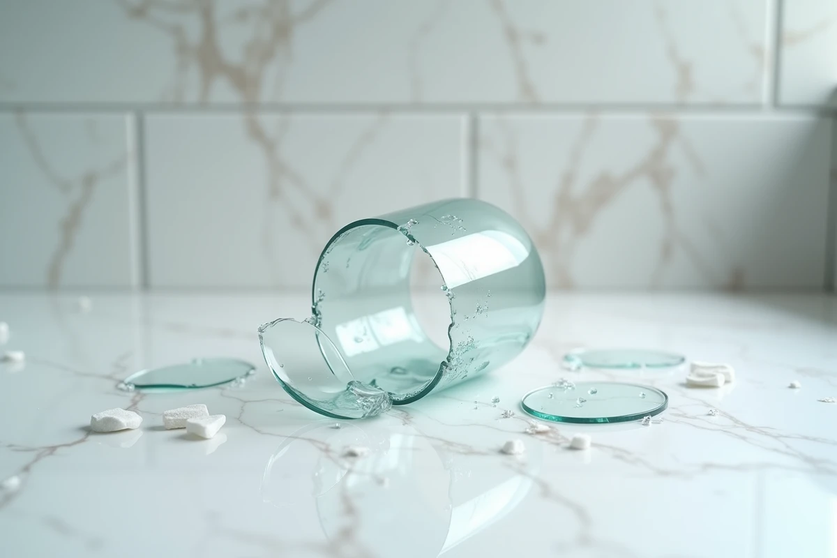 Verre tumbler blanc cassé en morceaux sur un comptoir en marbre blanc, vue latérale macro détaillée