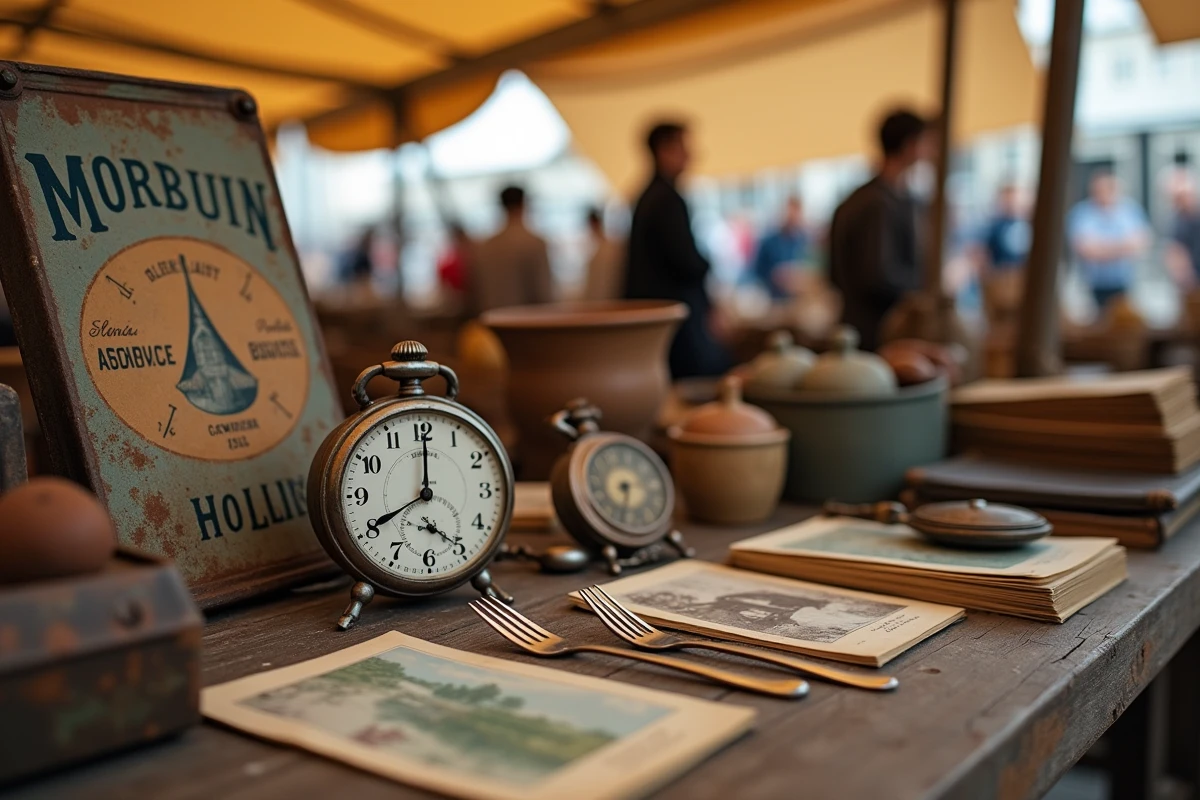 Gros plan sur des objets anciens et curiosités dans un vide-grenier du Morbihan