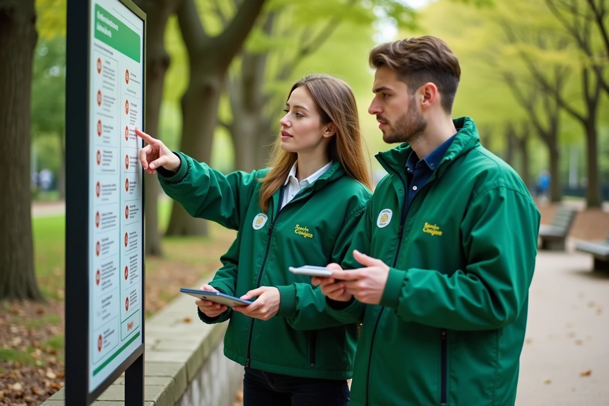 Deux volontaires Service Civique en veste verte consultant un panneau d'information dans un parc urbain